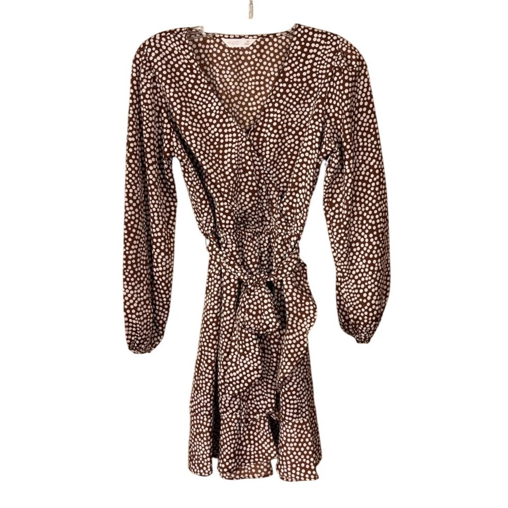 New Lauren Conrad Mini Dress Faux Wrap Brown White Dot XS Extra Small